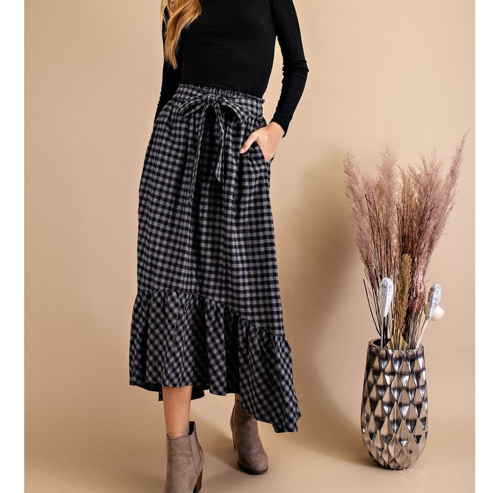 Cozy Plaid Flannel Maxi Skirt with Ruffled Hem